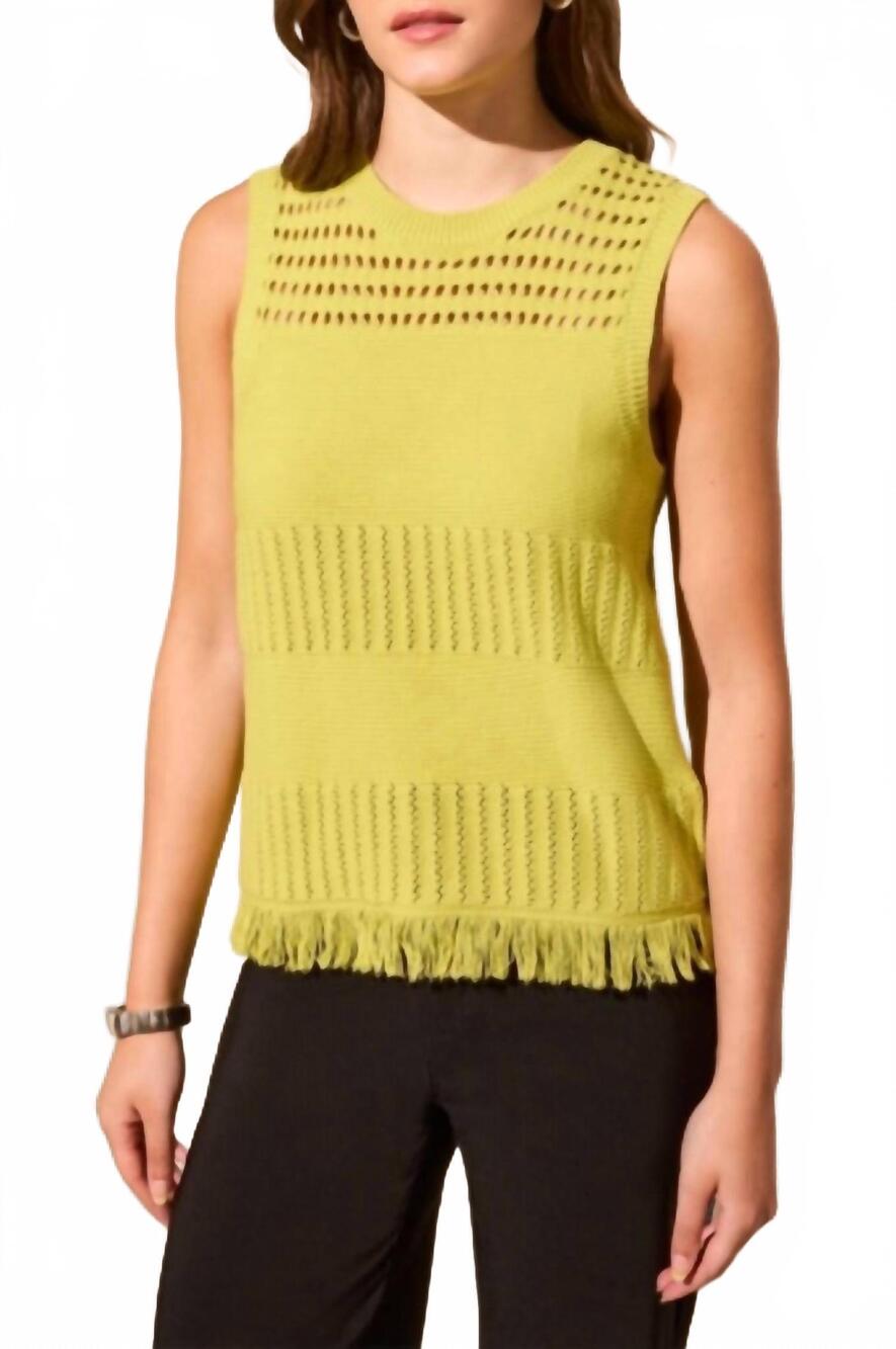 NEW TRIBAL sleeveless fringe hem crew neck sweater in avocado